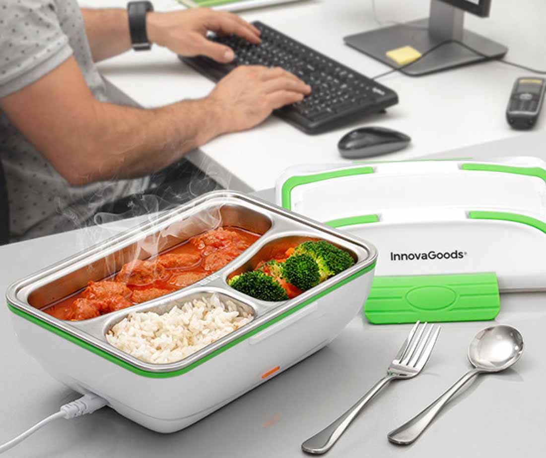 The product has several compartments and the food inside can be heated without the need for a microwave