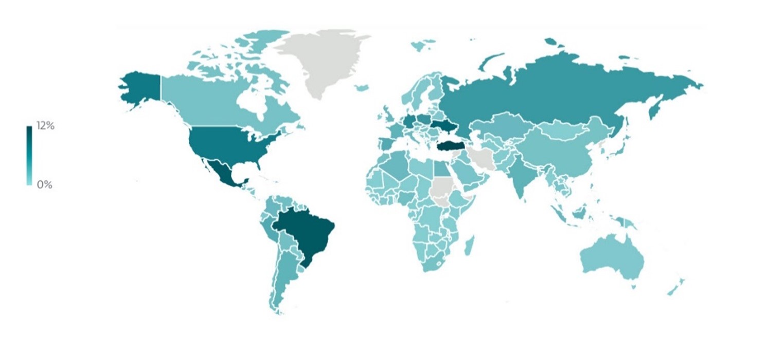 Geographic distribution of Android detections. ESET Threat Report H2 2025