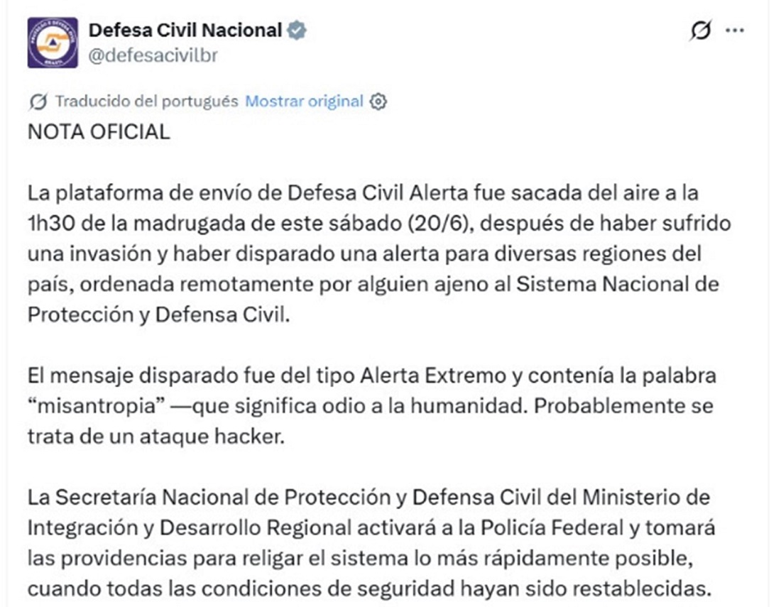 Statement (automatic translation) issued by the Brazilian National Civil Defense. Source: X (formerly Twitter)